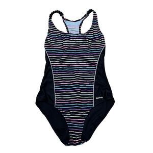 Reebok Swim Colorful Dimension Stripe & Black One-Piece Swimsuit Size 12